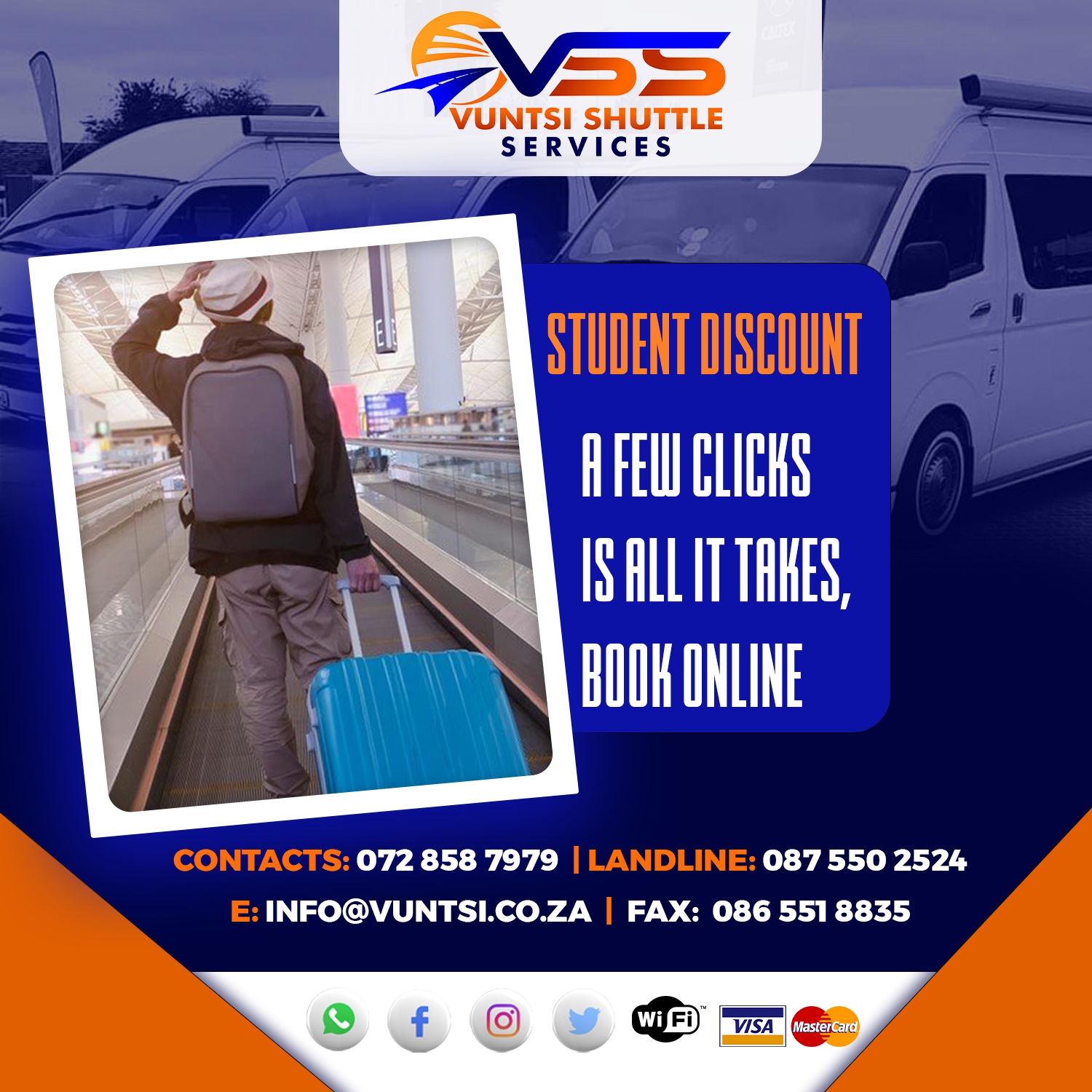 promotion for scheduled shuttles - links to https://pay.yoco.com/vuntsi-shuttle-services